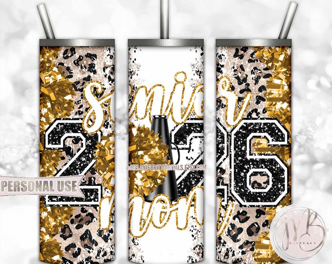Athletic Gold Cheer Senior 2026 Mom 20oz Skinny Sublimation Tumbler Wrap Design • Pom Megaphone Classic Leopard Print • DIY Print and Press