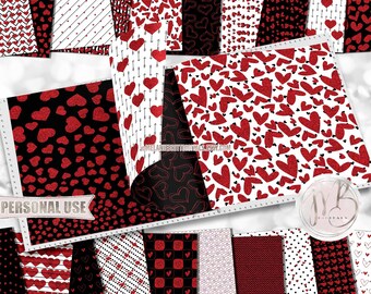 Red Glitter Hearts Scrapbook Paper Download • Glittery Heart Patterned Design Red and Black • Printable Paper Crafts 20 12x12 JPG & PDF