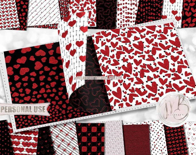 Red Glitter Hearts Scrapbook Paper Download • Glittery Heart Patterned Design Red and Black • Printable Paper Crafts 20 12x12 JPG & PDF