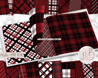Lumberjack Plaid Scrapbook Paper Download • Red and Black Various Plaid Patterned Papers • Printable Paper Crafts 20 12x12 JPG & PDF