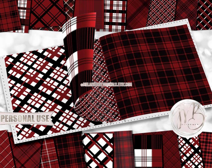 Lumberjack Plaid Scrapbook Paper Download • Red and Black Various Plaid Patterned Papers • Printable Paper Crafts 20 12x12 JPG & PDF