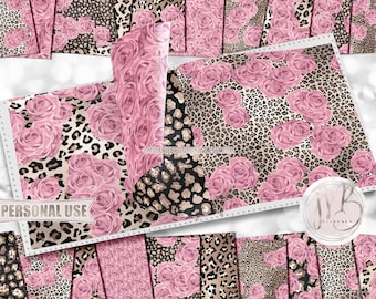 Classic Leopard Print and Pink Roses Scrapbook Paper Download • Shimmering Foil Design • DIY Printable Paper Crafts 20 12x12 JPG & PDF