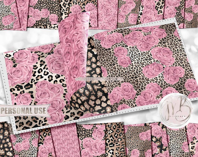 Classic Leopard Print and Pink Roses Scrapbook Paper Download • Shimmering Foil Design • DIY Printable Paper Crafts 20 12x12 JPG & PDF
