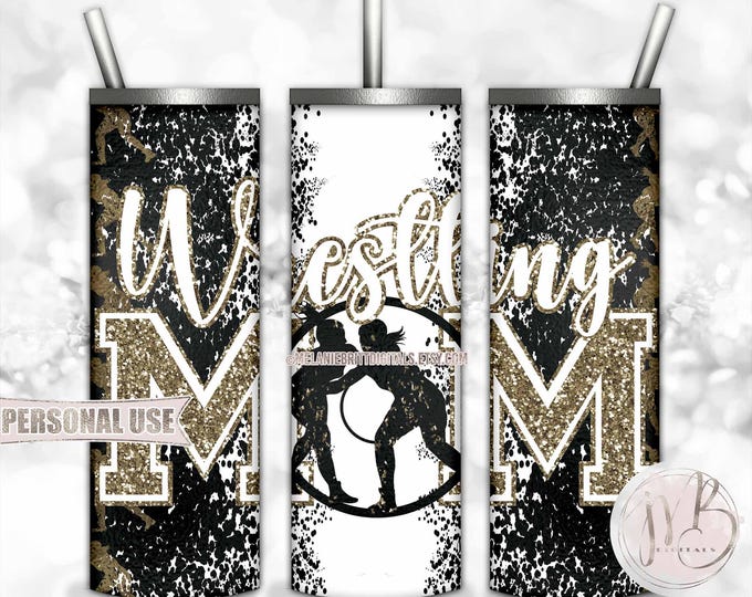 Tan Girl Wrestling Mom 20oz Skinny Tumbler Wrap Sublimation Download • Glitter Varsity Letters Wrestler Mom Gift • DIY Print & Press