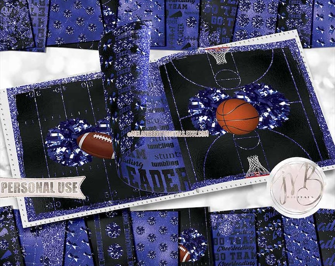 Royal Blue Glam Cheerleading Scrapbook Paper Download • Shiny Cheer Pom Poms Glitter and Foil • Scrapbooking Printable