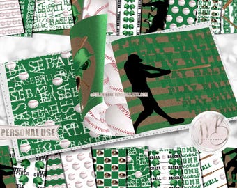 Green Baseball Scrapbook Paper Download • Baseball Helmets Bat Mitt Field School Sports • DIY Scrapbooking Printable