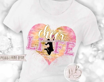 Cheer Life Heart T-Shirt Sublimation Design Download • Pink and Athletic Gold Tie Dye Pom Poms Cheerleader Gift Glitter • DIY Print & Press