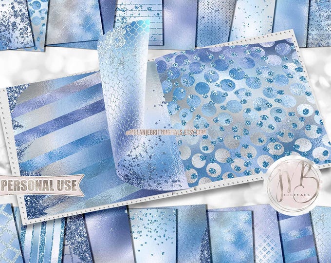 Winter Blues Glam Scrapbook Paper Download • Sparkling Glitter and Shimmering Foil Design • Printable Paper Crafts 20 12x12 JPG & PDF