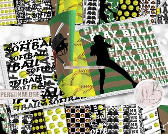 Black Softball Scrapbook Paper Download • Softball Helmets Bat Mitt Field School Sports • DIY Scrapbooking Printable