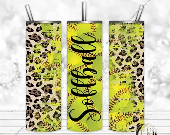 Distressed Softball and Leopard 20oz Skinny Tumbler Wrap Sublimation Design Download • Softball Collage & Leopard Print • Sublimation Crafts