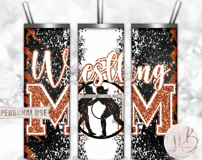 Dark Orange Girl Wrestling Mom 20oz Skinny Tumbler Wrap Sublimation Download • Glitter Varsity Letters Wrestler Mom Gift • DIY Print & Press