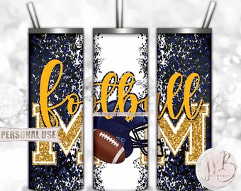 Navy Athletic Gold Football Mom 20oz Skinny Tumbler Wrap Sublimation Design Download • Football Helmet Leopard Mom Gift • DIY Print & Press