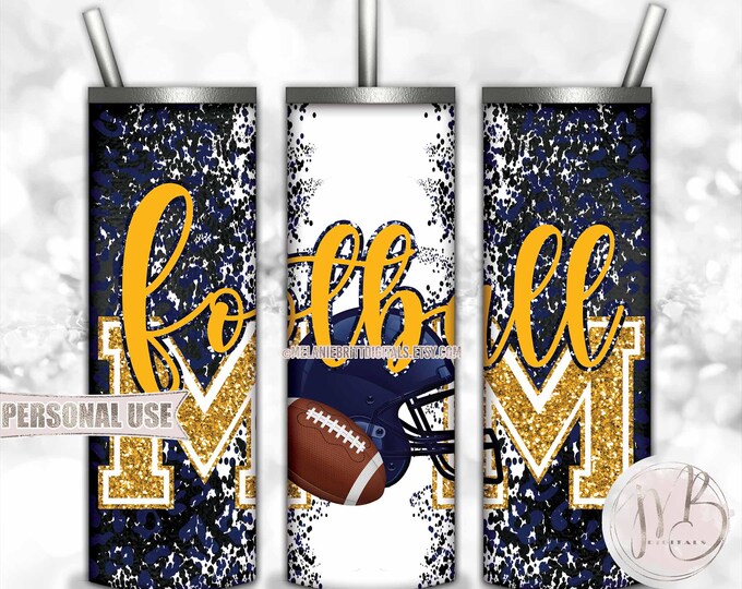 Navy Athletic Gold Football Mom 20oz Skinny Tumbler Wrap Sublimation Design Download • Football Helmet Leopard Mom Gift • DIY Print & Press