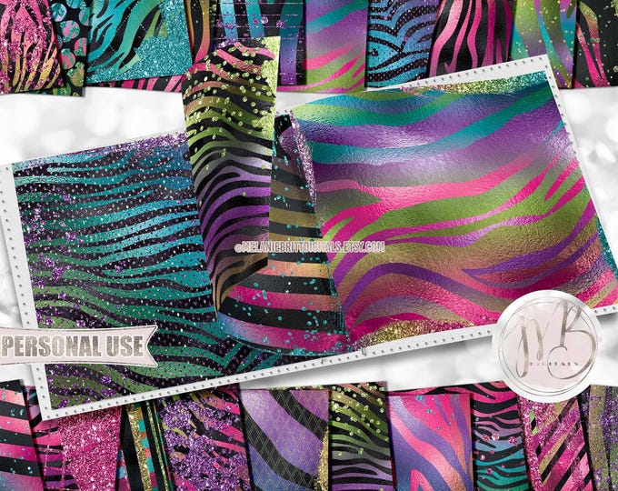 Rainbow Glam Tiger Stripes Scrapbook Paper Download • Sparkling Glitter and Shimmering Foil Design • Printable Paper Crafts 20 12x12 JPG PDF