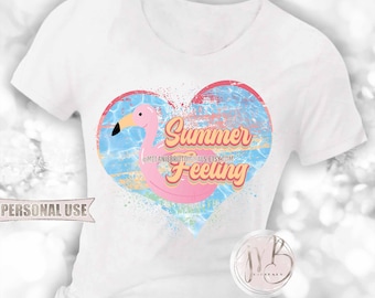 Retro Summer Feeling T-Shirt Sublimation Design Download • Flamingo Pool Float Tropical Tones Summer Vacation Vibes • DIY Print and Press