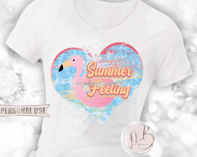 Retro Summer Feeling T-Shirt Sublimation Design Download • Flamingo Pool Float Tropical Tones Summer Vacation Vibes • DIY Print and Press
