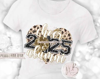 Gold Cheer Alumni 2025 Heart T-Shirt Sublimation Design • Pom Pom Megaphone Classic Leopard Glitter Graduate Gift • DIY Print and Press