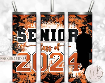 Orange Graduation Senior 2024 20oz Skinny Tumbler Wrap Sublimation PNG Download • Boy Graduate Graduation Cap • Seamless Design