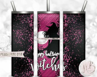 Pink Happy Halloween Witches 20oz Skinny Tumbler Wrap Sublimation Design • Good Witch Halloween Party Ladies Night • DIY Print & Press