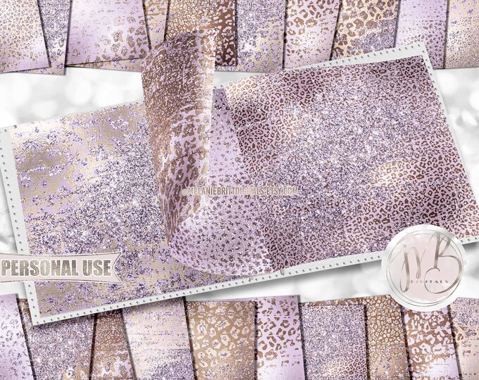 Nursery Distressed Leopard Print Scrapbook Paper Download • Pastel Baby Purple Glitter and Foil • Printable Paper Crafts 20 12x12 JPG & PDF