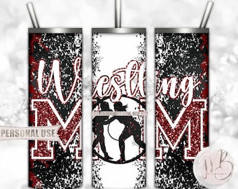 Maroon Girl Wrestling Mom 20oz Skinny Tumbler Wrap Sublimation Download • Glitter Varsity Letters Wrestler Mom Gift • DIY Print & Press