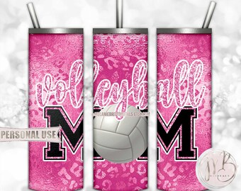 Hot Pink Volleyball Mom 20oz Skinny Tumbler Wrap Sublimation Design Download • Shiny Leopard Print Glitter Mom Gift • DIY Print & Press