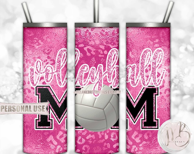 Hot Pink Volleyball Mom 20oz Skinny Tumbler Wrap Sublimation Design Download • Shiny Leopard Print Glitter Mom Gift • DIY Print & Press