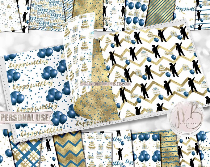 Boy Birthday Scrapbook Paper Download • Blue and Gold Kids Birthday Party Celebration • Printable Paper Crafts 20 12x12 JPG & PDF