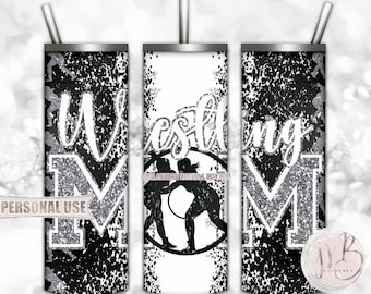Silver Girl Wrestling Mom 20oz Skinny Tumbler Wrap Sublimation Download • Glitter Varsity Letters Wrestler Mom Gift • DIY Print & Press