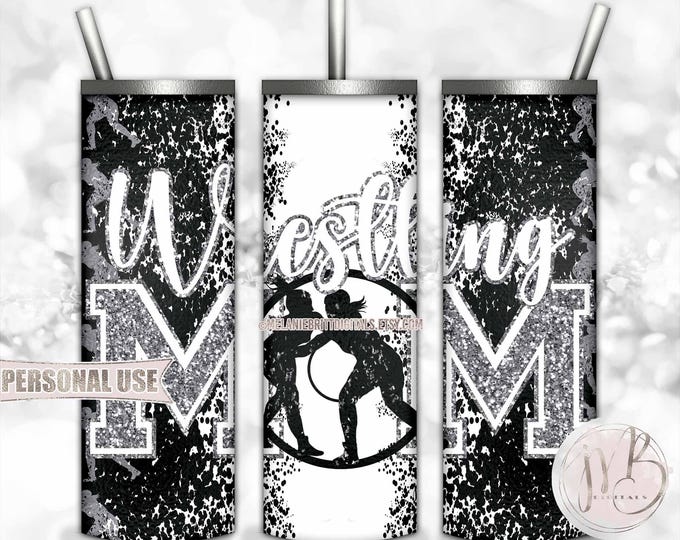 Silver Girl Wrestling Mom 20oz Skinny Tumbler Wrap Sublimation Download • Glitter Varsity Letters Wrestler Mom Gift • DIY Print & Press