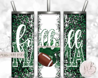 Green Football Mama 20oz Skinny Tumbler Wrap Sublimation Design • Football Helmet Leopard Print Sports Mama Gift • DIY Print and Press