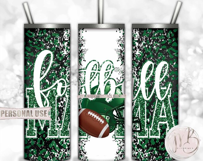 Green Football Mama 20oz Skinny Tumbler Wrap Sublimation Design • Football Helmet Leopard Print Sports Mama Gift • DIY Print and Press