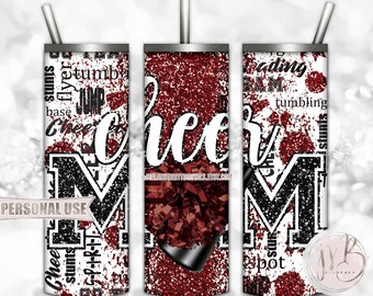 Maroon Cheer Mom Glitter 20oz Skinny Tumbler Wrap Sublimation Design Download • Typography Pom Megaphone Cheer Mom Gift • DIY Print & Press