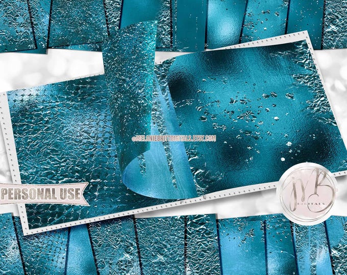 Dark Turquoise Metallic Flakes Scrapbook Paper Download • Shimmering Foil Flakes Crumpled Design • Printable Paper Crafts 20 12x12 JPG & PDF