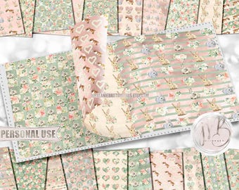 Spring Bunnies Scrapbook Paper Download • Floral Watercolor Easter Nursery Baby Animals • Printable Paper Crafts 20 12x12 JPG & PDF
