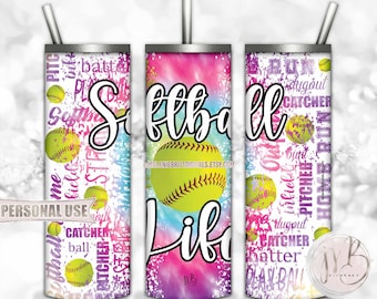 Softball Life 20oz Skinny Tumbler Wrap Sublimation Download • Rainbow Tie Dye Softball Typography Black Outline • DIY Print and Press #5