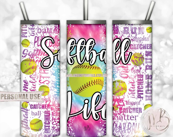 Softball Life 20oz Skinny Tumbler Wrap Sublimation Download • Rainbow Tie Dye Softball Typography Black Outline • DIY Print and Press #5
