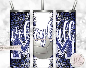 Blue Volleyball Mom 20oz Skinny Tumbler Wrap Sublimation Download • Leopard Print Glitter Varsity Letters Sport Mom Gift • DIY Print & Press
