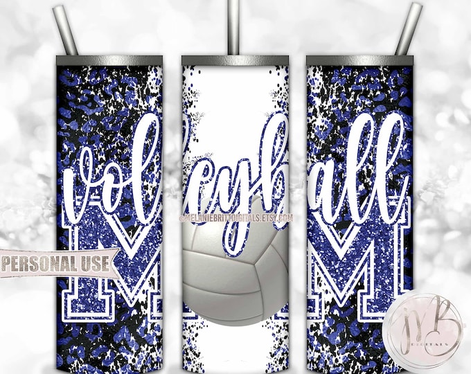 Blue Volleyball Mom 20oz Skinny Tumbler Wrap Sublimation Download • Leopard Print Glitter Varsity Letters Sport Mom Gift • DIY Print & Press