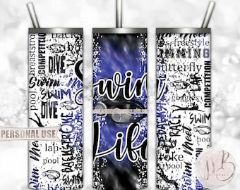 Swim Life 20oz Skinny Tumbler Wrap Sublimation Design • Royal Blue and Black Tie Dye Swim Goggles Swim Team Swimmer Gift • DIY Print & Press