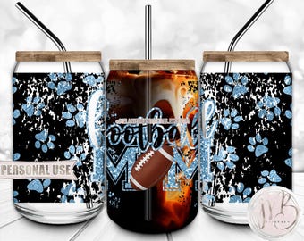Light Blue Football Mom 16oz Glass Can Wrap Sublimation Download • School Paw Prints Football Glitter Sports Mom Gift • DIY Print & Press