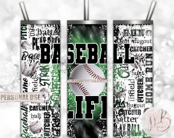 Baseball Life 20oz Skinny Tumbler Wrap Sublimation Download • Green and Black Tie Dye Typography Baseball Gift • DIY Print and Press