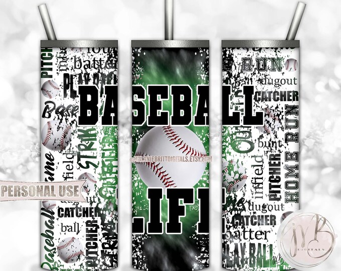 Baseball Life 20oz Skinny Tumbler Wrap Sublimation Download • Green and Black Tie Dye Typography Baseball Gift • DIY Print and Press