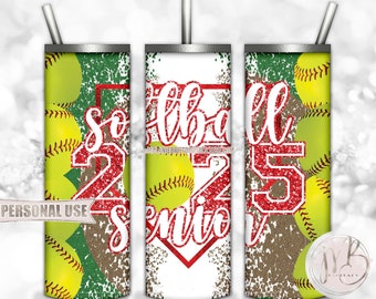 Red Glitter Softball Senior 2025 20oz Skinny Tumbler Wrap Sublimation Design Download • Varsity Softball Graduate Gift • DIY Print and Press