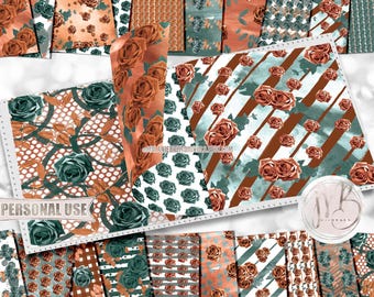 Copper Patina Rose Watercolor Scrapbook Paper Download • Patterned Floral Design Copper Green • DIY Printable Paper Crafts 20 12x12 JPG PDF