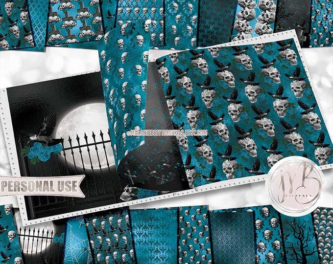 Turquoise Gothic Halloween Skulls Scrapbook Paper Download • Raven Spider Cross Moon • Scrapbooking Printable