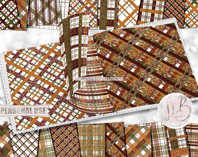Fall Plaid Scrapbook Paper Download • Autumn Colors Tartan Gingham Buffalo Plaid Glittery Design • Printable Paper Crafts 20 12x12 JPG & PDF