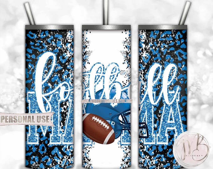 Baby Blue Football Mama 20oz Skinny Tumbler Wrap Sublimation Design • Football Helmet Leopard Print Sports Mama Gift • DIY Print and Press