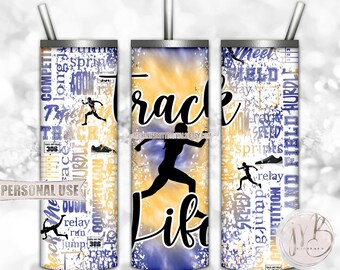 Girl Track Life 20oz Skinny Tumbler Wrap Sublimation Design • Blue and Athletic Gold Tie Dye Typography Track Gift • DIY Print and Press
