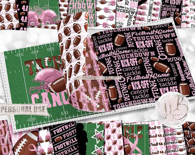 Awareness Football Scrapbook Paper Download • Pink Helmets Ribbons Player Silhouettes Turf Field • Scrapbooking Printable